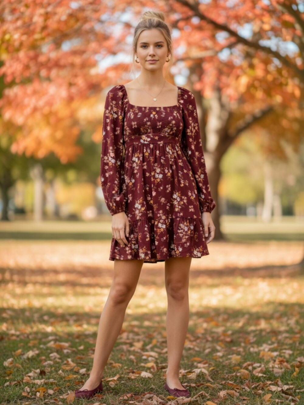 Blu Pepper Boho Cottage Floral Longsleeve Dress Prairie Size S Burgundy New